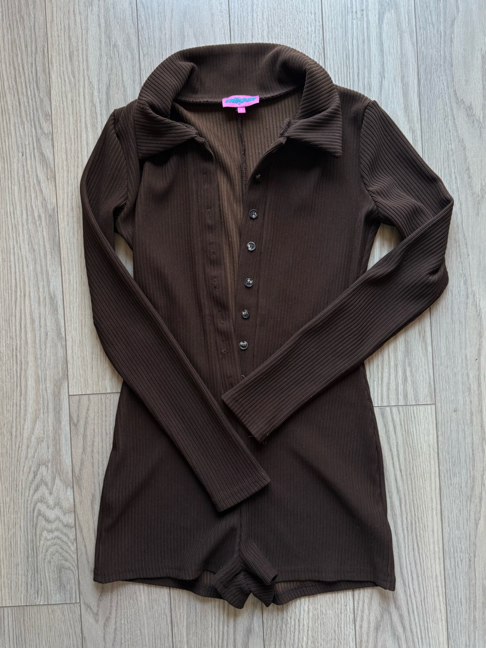 Edikted Chocolate Brown Ribbed Button Romper - Picture 1 of 3